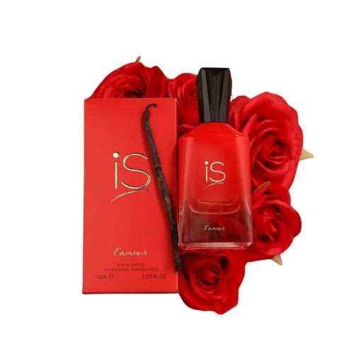 פרגרנס וורלד אי אס ל'אמור - Fragrance World iS L'amour 75ml E.D.P - בושם יוניסקס מקורי - בקבוק ואריזה